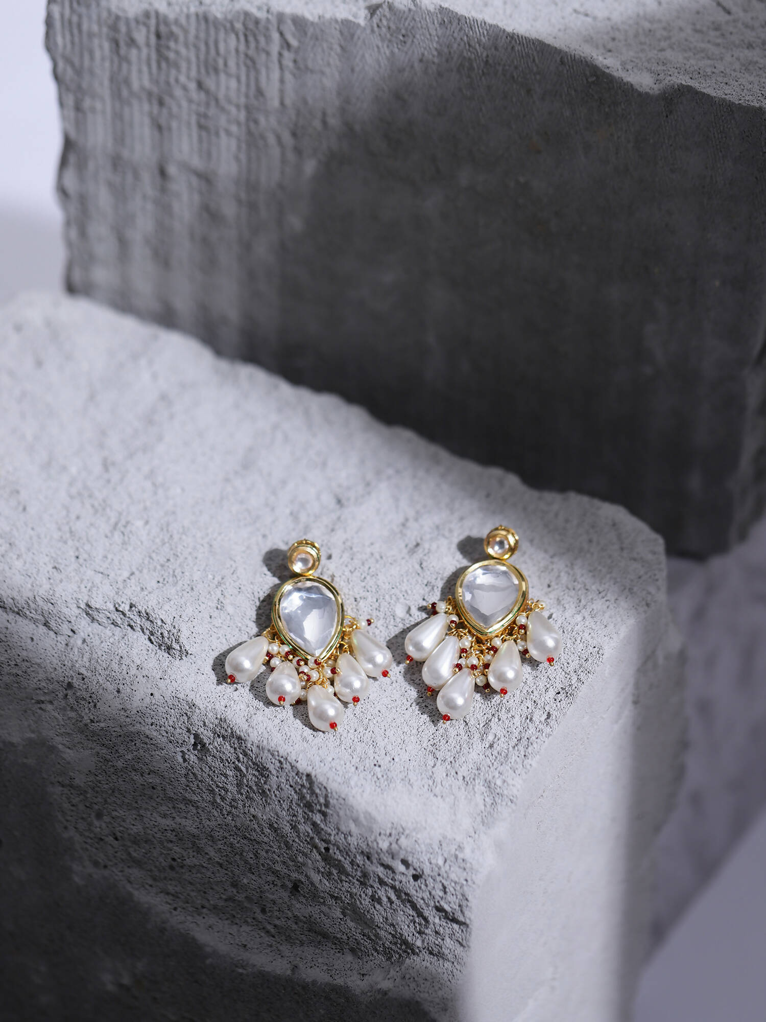 Gold-Toned White Kundan Contemporary Gold-Polished Drop Earrings - Ruby Raang | Grab2Buy