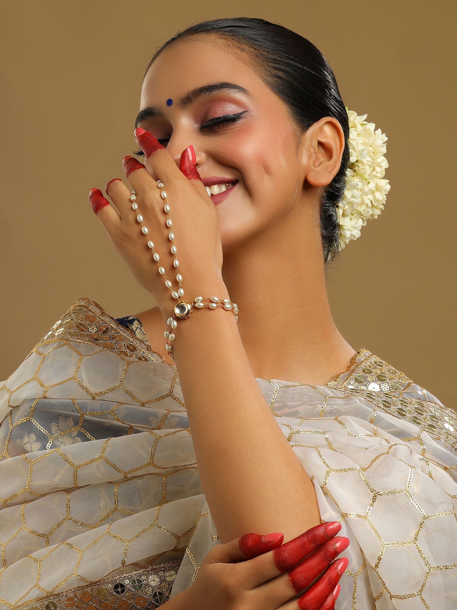 Ruby Raang Gold Kundan & Pearl Haath Phool | Grab2Buy