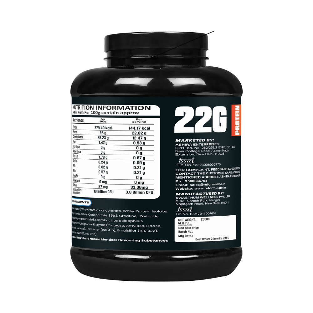 Reformulate Fusion Whey Protein With Pre & Pro Biotics I Muscle Growth I 58G Protein | 379 Kcal Energy - Malai Kulfi | Grab2Buy