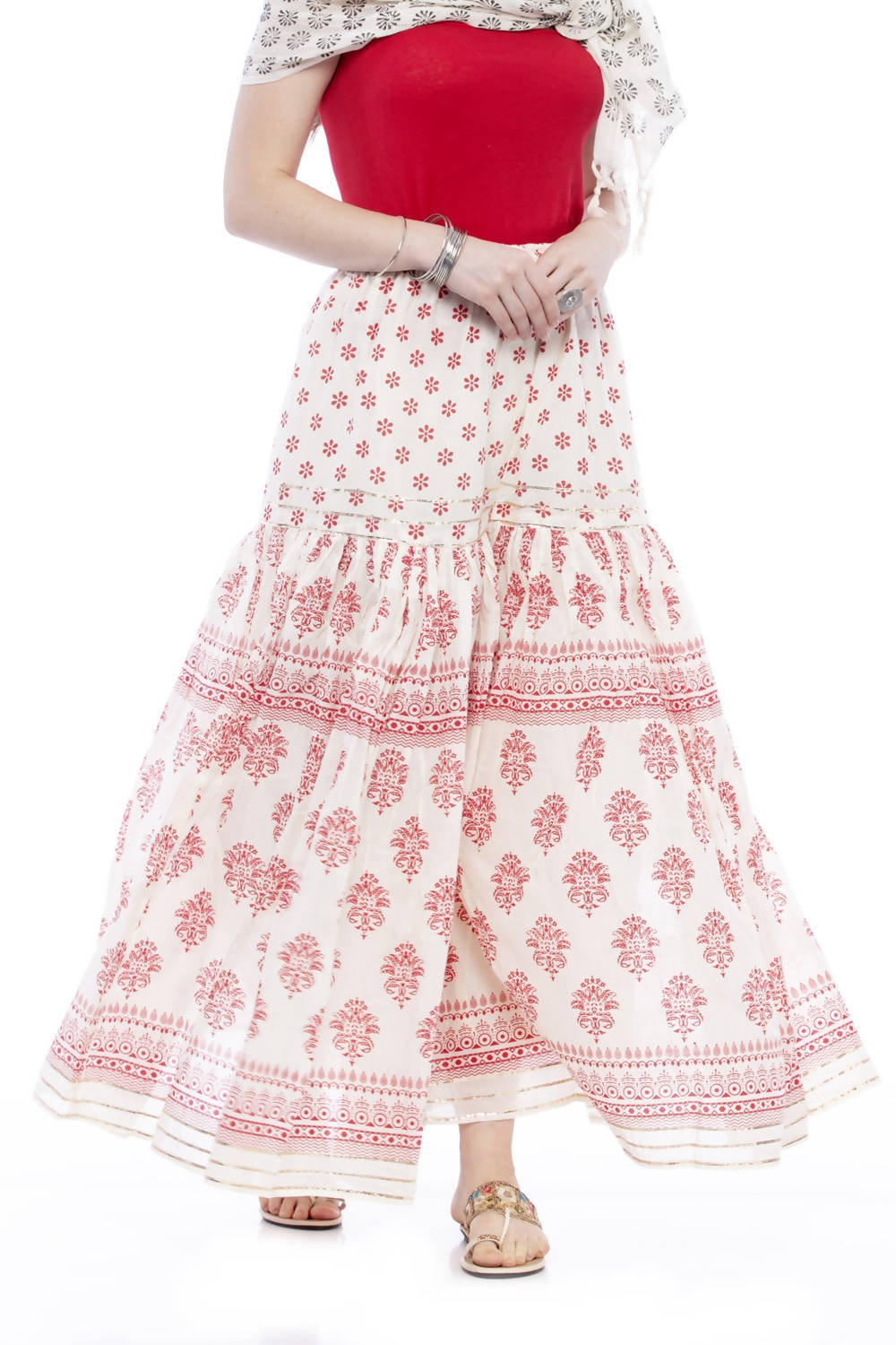 Mominos Fashion Cotton Block Print With Lace Work Off White Red Color Prints Palazzo | Grab2Buy