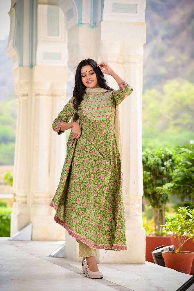 Yufta Women Green Floral Printed Pure Cotton Anarkali Kurta with Trouser and Dupatta | Grab2Buy