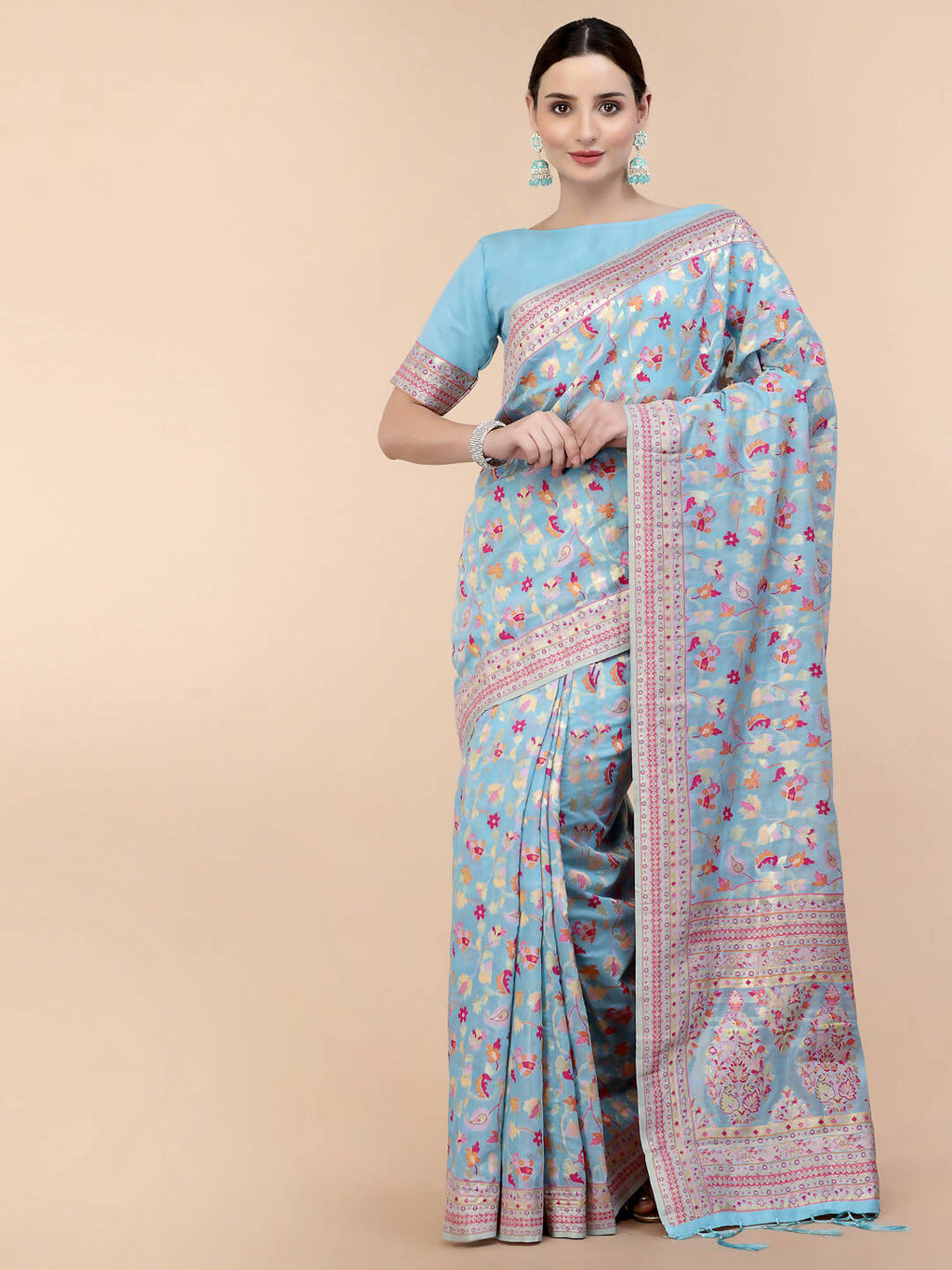Blue Silk Blend Woven Design Saree With Unstitched Blouse Piece - Aloki | Grab2Buy