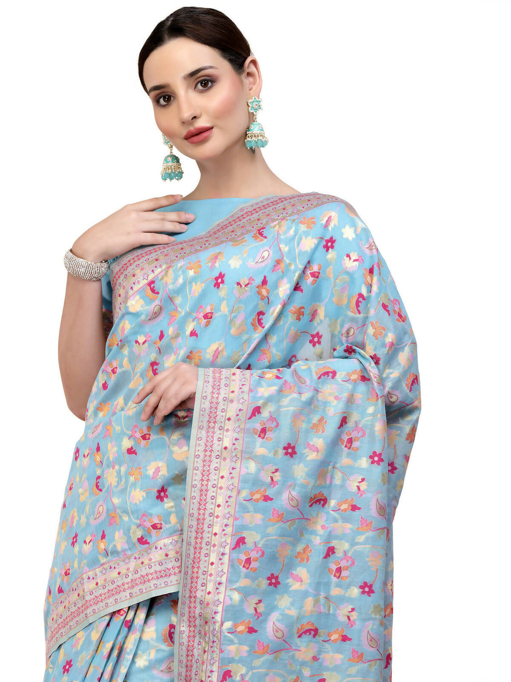 Blue Silk Blend Woven Design Saree With Unstitched Blouse Piece - Aloki | Grab2Buy