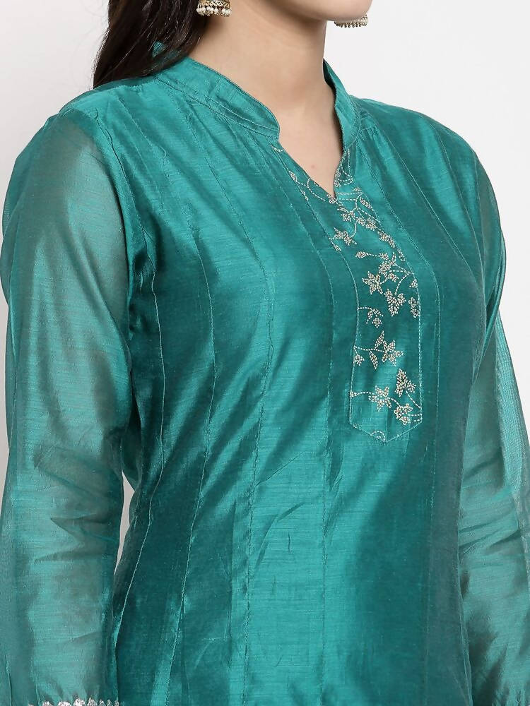 Myshka Women's Green Silk Solid Full Sleeve Mandarin Neck Casual Anarkali Gown | Grab2Buy