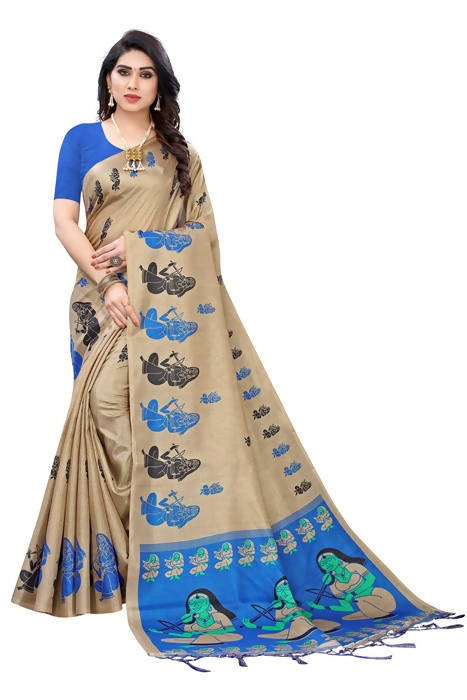 Vamika Brown Kalamkari Print With Jhalar Khadi Silk Saree (SHABRI ROYAL BLUE) | Grab2Buy