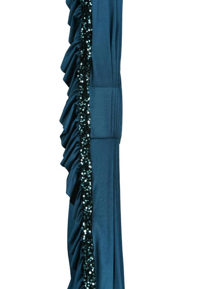 Mominos Fashion All Season Wear Peacock Blue And Black Ruffled Ready To Wear Saree | Grab2Buy