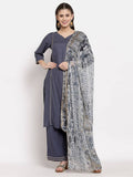 Myshka Women's Grey Cotton Solid 3/4 Sleeve V Neck Casual Kurta Palazzo Dupatta Set | Grab2Buy