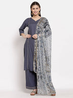 Myshka Women's Grey Cotton Solid 3/4 Sleeve V Neck Casual Kurta Palazzo Dupatta Set | Grab2Buy
