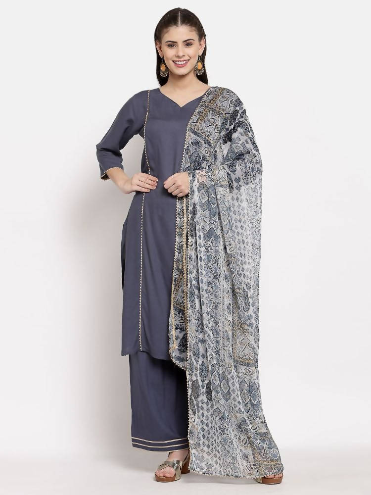Myshka Women's Grey Cotton Solid 3/4 Sleeve V Neck Casual Kurta Palazzo Dupatta Set | Grab2Buy