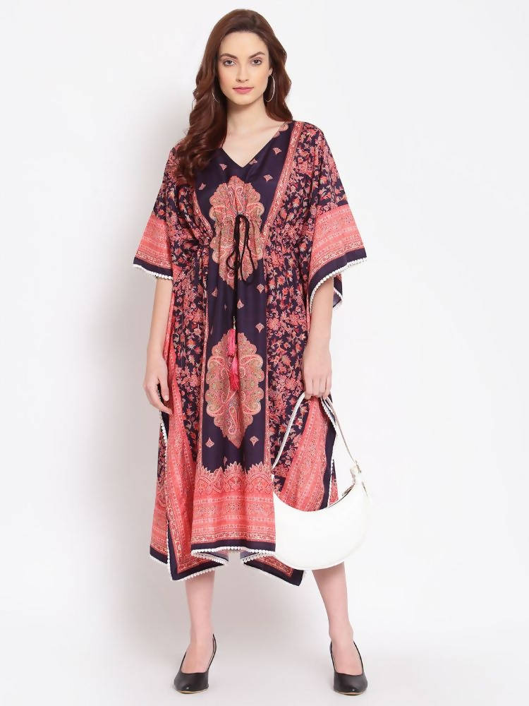 Myshka Women's Multi Printed Cotton 3/4 Sleeve V Neck Casual Kaftan Dress | Grab2Buy