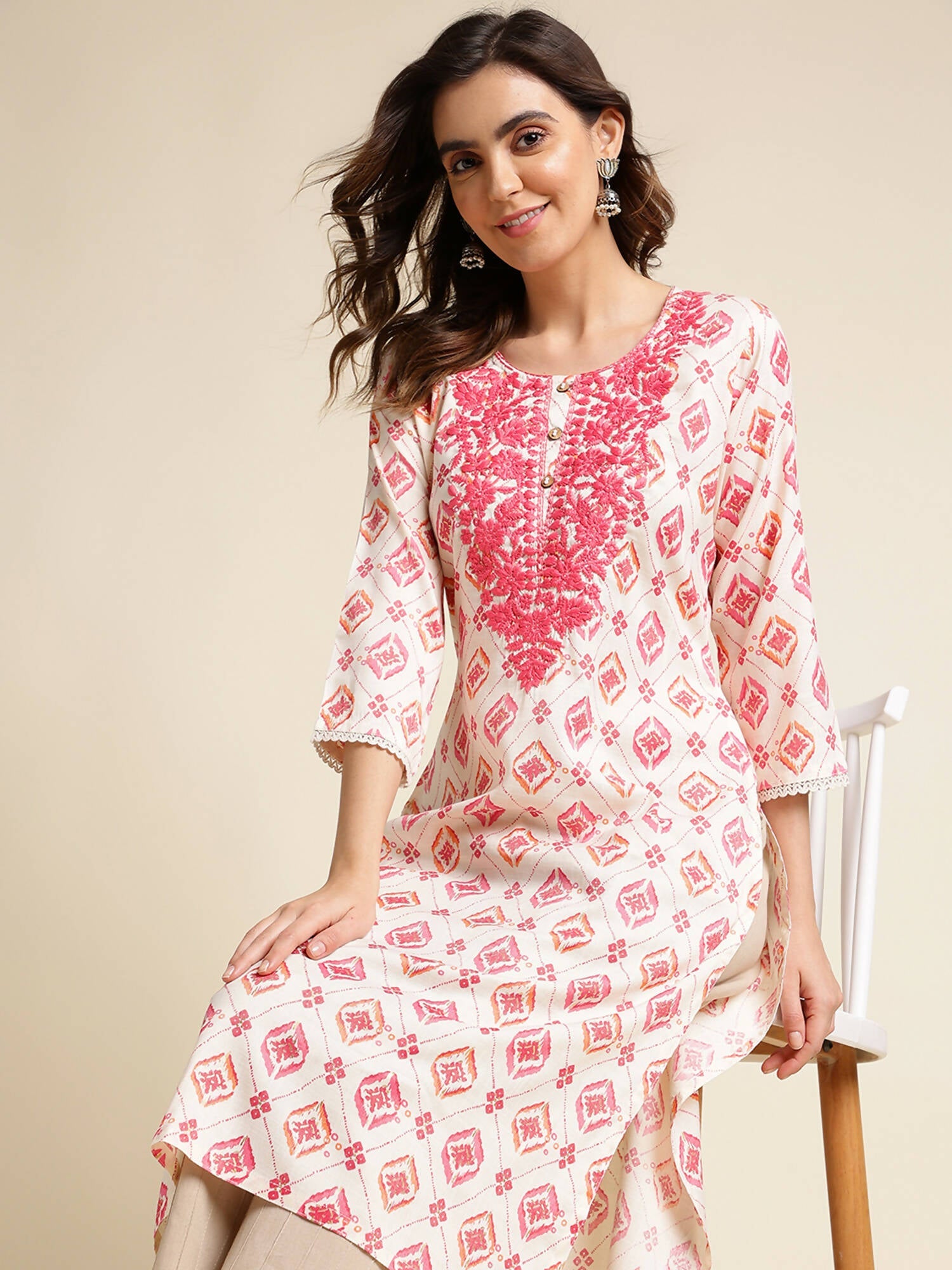 Pink Poly Rayon Aztec Printed Straight Fit Kurta - Prasuti | Grab2Buy
