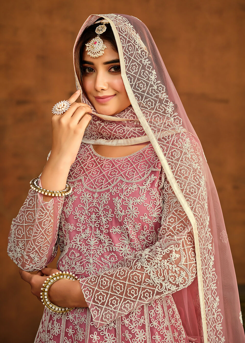 Pink All Over Embroidered Net Wedding Anarkali Suit - Emponline | Grab2Buy