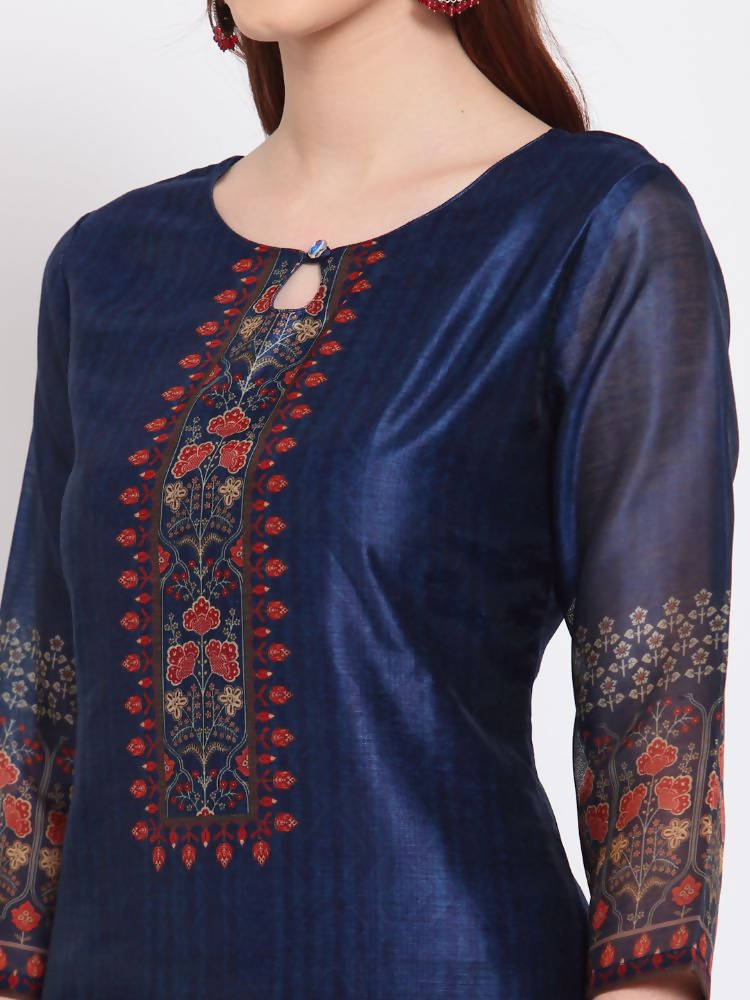 Myshka Women's Navy Blue Printed Chanderi Silk 3/4 Sleeve Round Neck Casual Kurta | Grab2Buy