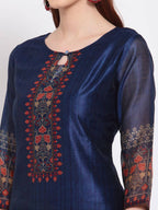 Myshka Women's Navy Blue Printed Chanderi Silk 3/4 Sleeve Round Neck Casual Kurta | Grab2Buy