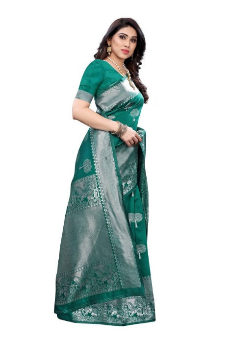 Vamika Banarasi Jacquard Weaving Rama Green Saree (AMEE RAMA) | Grab2Buy