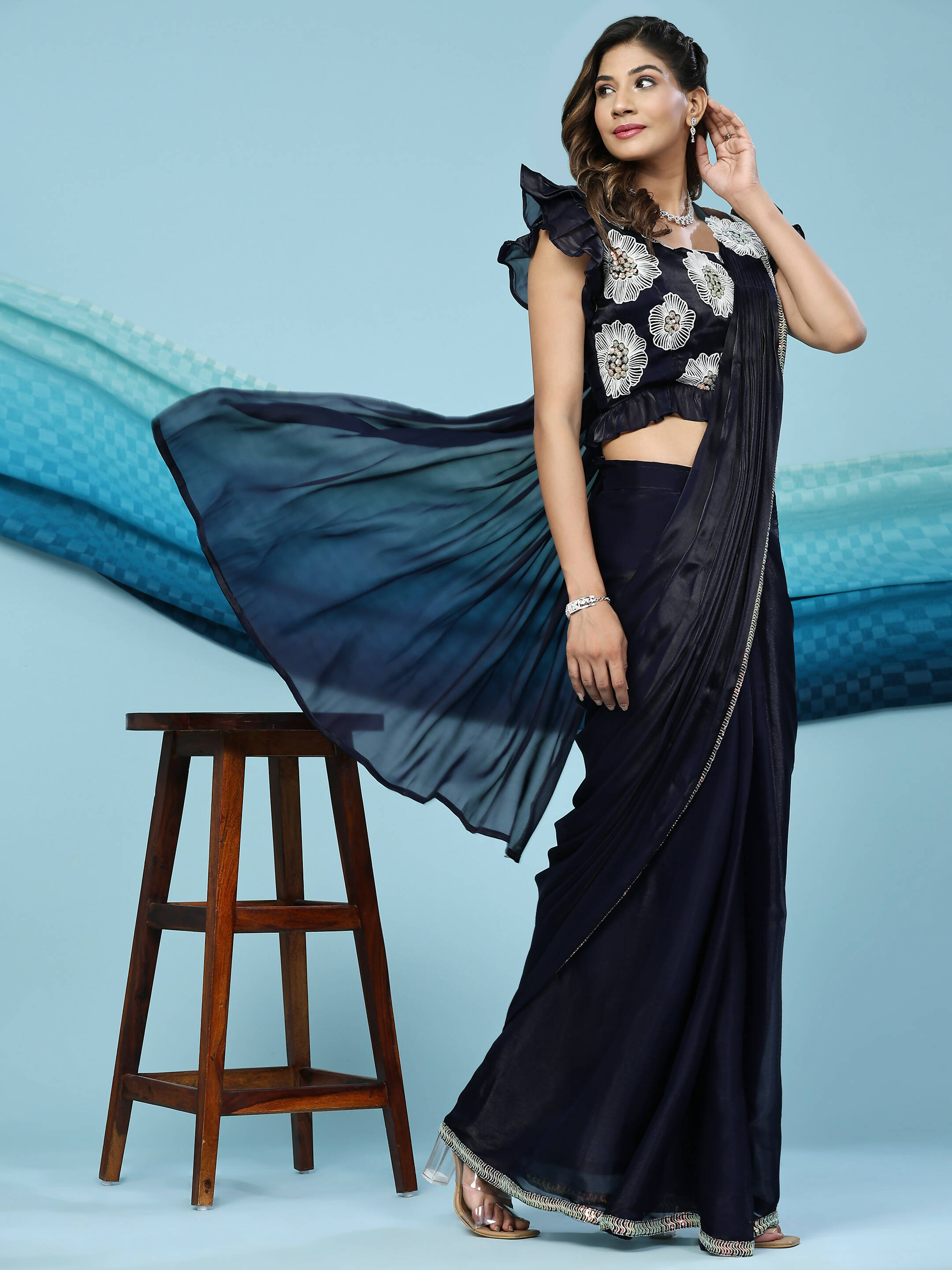 Black Silk Satin Sequence Work Ready to Wear Saree with stitched Blouse - Nirvana | Grab2Buy