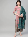 Yufta Women Pink & Blue Printed Kurta with Palazzo & Dupatta | Grab2Buy