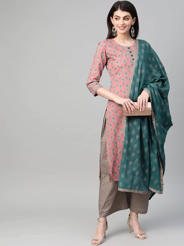 Yufta Women Pink & Blue Printed Kurta with Palazzo & Dupatta | Grab2Buy