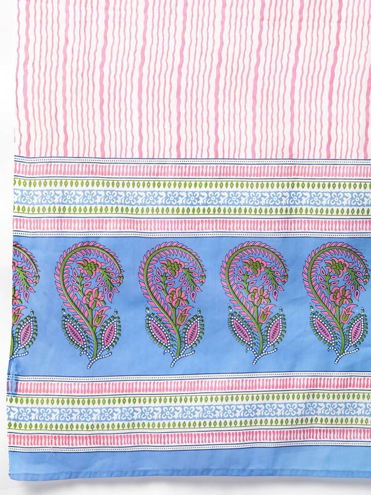 Yufta Women Blue & Pink Handblock Printed Pure Cotton Kurta with Trouser & Dupatta | Grab2Buy