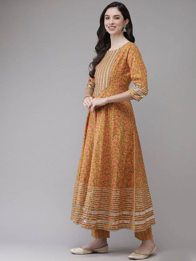 Yufta Yellow Printed kurta with Trouser Dupatta Set | Grab2Buy