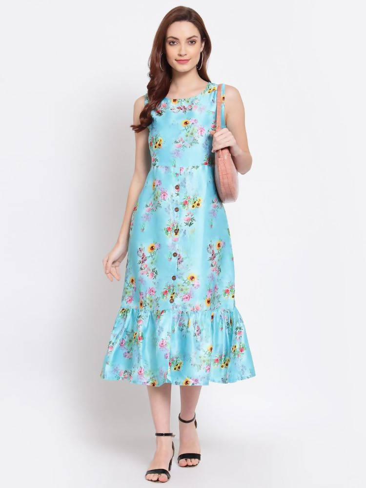 Myshka Women's Green Printed Cotton Blend Sleeveless Round Neck Casual Dress | Grab2Buy