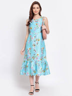Myshka Women's Green Printed Cotton Blend Sleeveless Round Neck Casual Dress | Grab2Buy