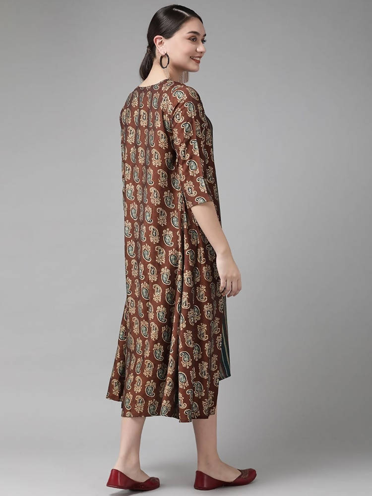 Yufta Teal Green & Coffee Brown Striped Yoke Embroidered Midi A-Line Dress & Ethnic Jacket | Grab2Buy