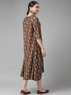 Yufta Teal Green & Coffee Brown Striped Yoke Embroidered Midi A-Line Dress & Ethnic Jacket | Grab2Buy