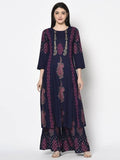 Aniyah Rayon Navy Blue Color Block Print A-line Flared Long Kurta With Two Front Slits (AN-215K) | Grab2Buy