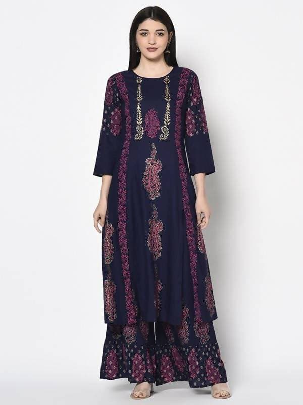 Aniyah Rayon Navy Blue Color Block Print A-line Flared Long Kurta With Two Front Slits (AN-215K) | Grab2Buy