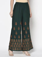 Aniyah Rayon Bottle Green Color Block Print Flared Slip-On Palazzo (AN-219K) | Grab2Buy