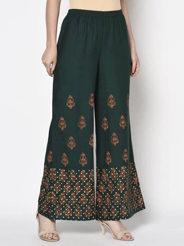 Aniyah Rayon Bottle Green Color Block Print Flared Slip-On Palazzo (AN-219K) | Grab2Buy