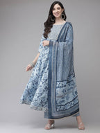 Yufta Women Blue Floral Printed Regular Pure Cotton Kurta with Trouser With Dupatta | Grab2Buy
