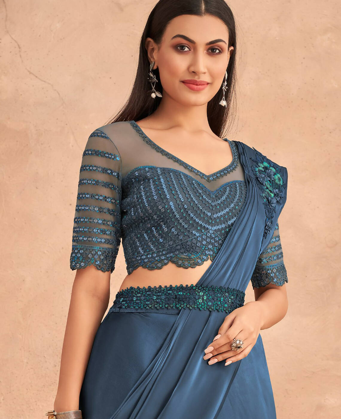 Navy Blue Satin Embroidered Ready To Wear Saree With Unstitched Blouse Piece - Nandika | Grab2Buy