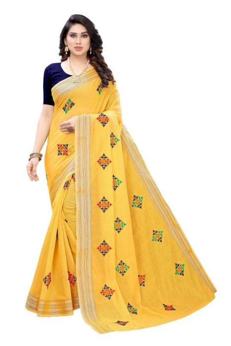 Vamika Chanderi Cotton Box Designed Embroidery Yellow Saree (Dixa Yellow) | Grab2Buy