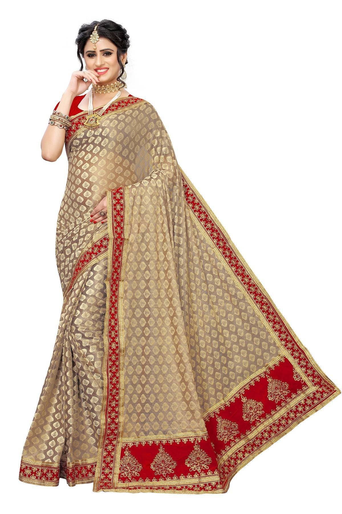 Vamika Brown and Red Terry Cotton Embroidery Saree (JHARMAR RED) | Grab2Buy