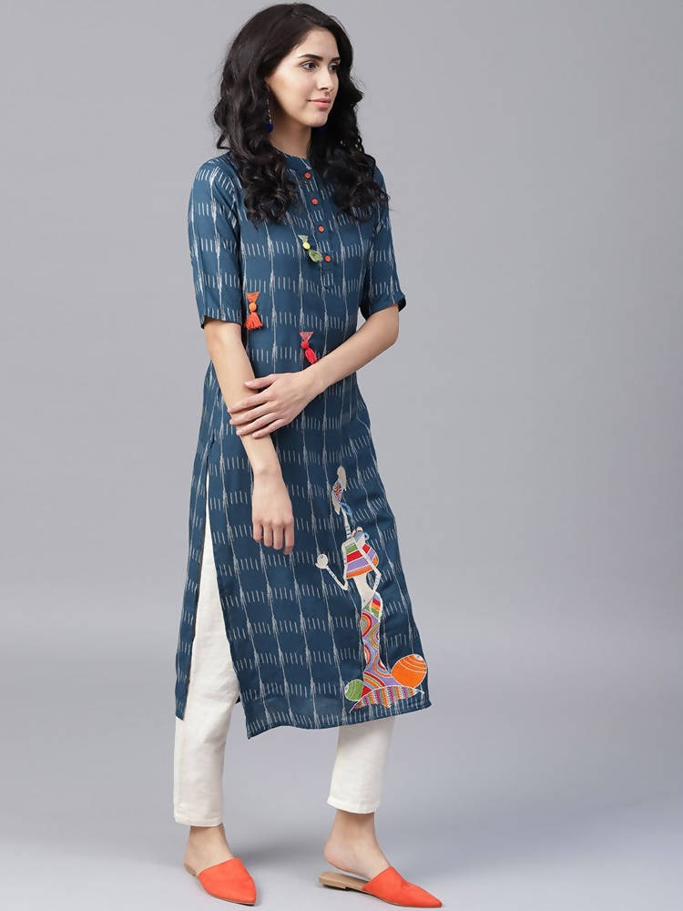 Yufta Women Navy Blue & Off-White Printed Straight Kurta | Grab2Buy