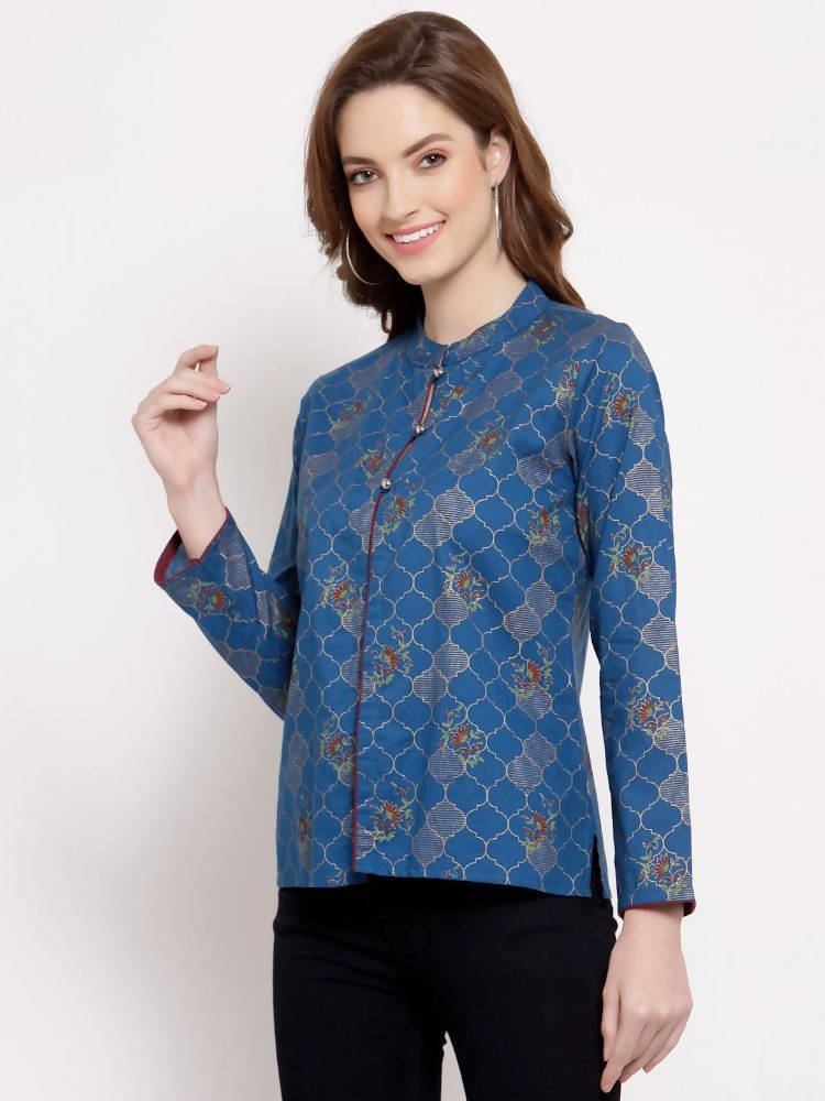 Myshka Women's Blue Cotton Full Sleeve Mandarin Collar Printed Casual Jacket | Grab2Buy