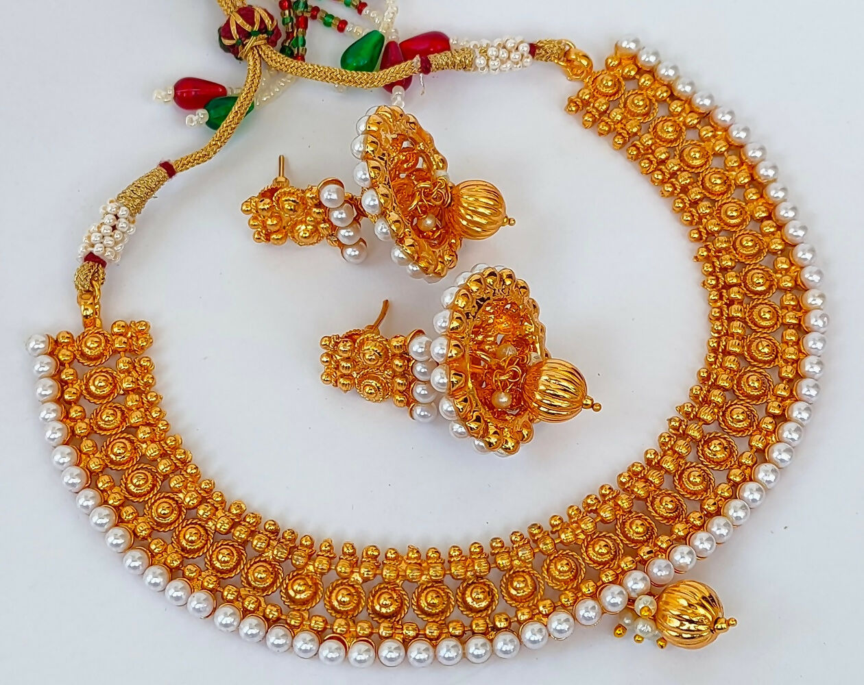 Designer Metallic Necklace Set With White Beads | Grab2Buy