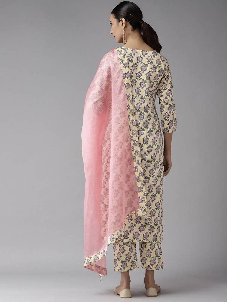 Yufta Women Yellow & Green Floral Handblock Printed Cotton Kurta with Trouser & Dupatta | Grab2Buy