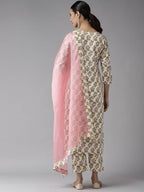 Yufta Women Yellow & Green Floral Handblock Printed Cotton Kurta with Trouser & Dupatta | Grab2Buy