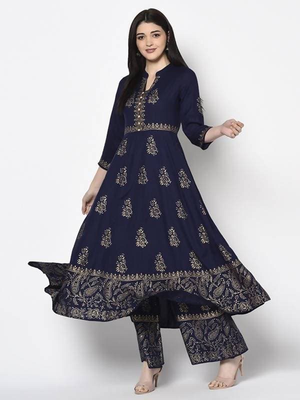 Aniyah Rayon Navy Blue Color Block Print Flared Slip-On Palazzo (AN-211K) | Grab2Buy