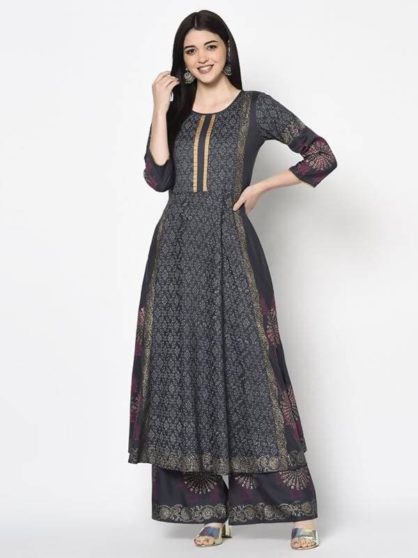 Aniyah Rayon Dark Grey Color Block Print Flared Slip-On Palazzo (AN-201K) | Grab2Buy