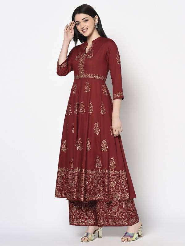 Aniyah Rayon Maroon Block Print Anarkali Palazzo Set (AN-212K) | Grab2Buy