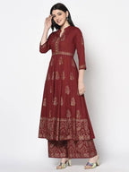 Aniyah Rayon Maroon Block Print Anarkali Palazzo Set (AN-212K) | Grab2Buy