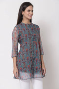 Myshka Women's Beautiful Organza Printed 3/4 Sleeve Round Neck Casual Multicolor Tunic | Grab2Buy