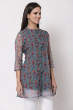 Myshka Women's Beautiful Organza Printed 3/4 Sleeve Round Neck Casual Multicolor Tunic | Grab2Buy