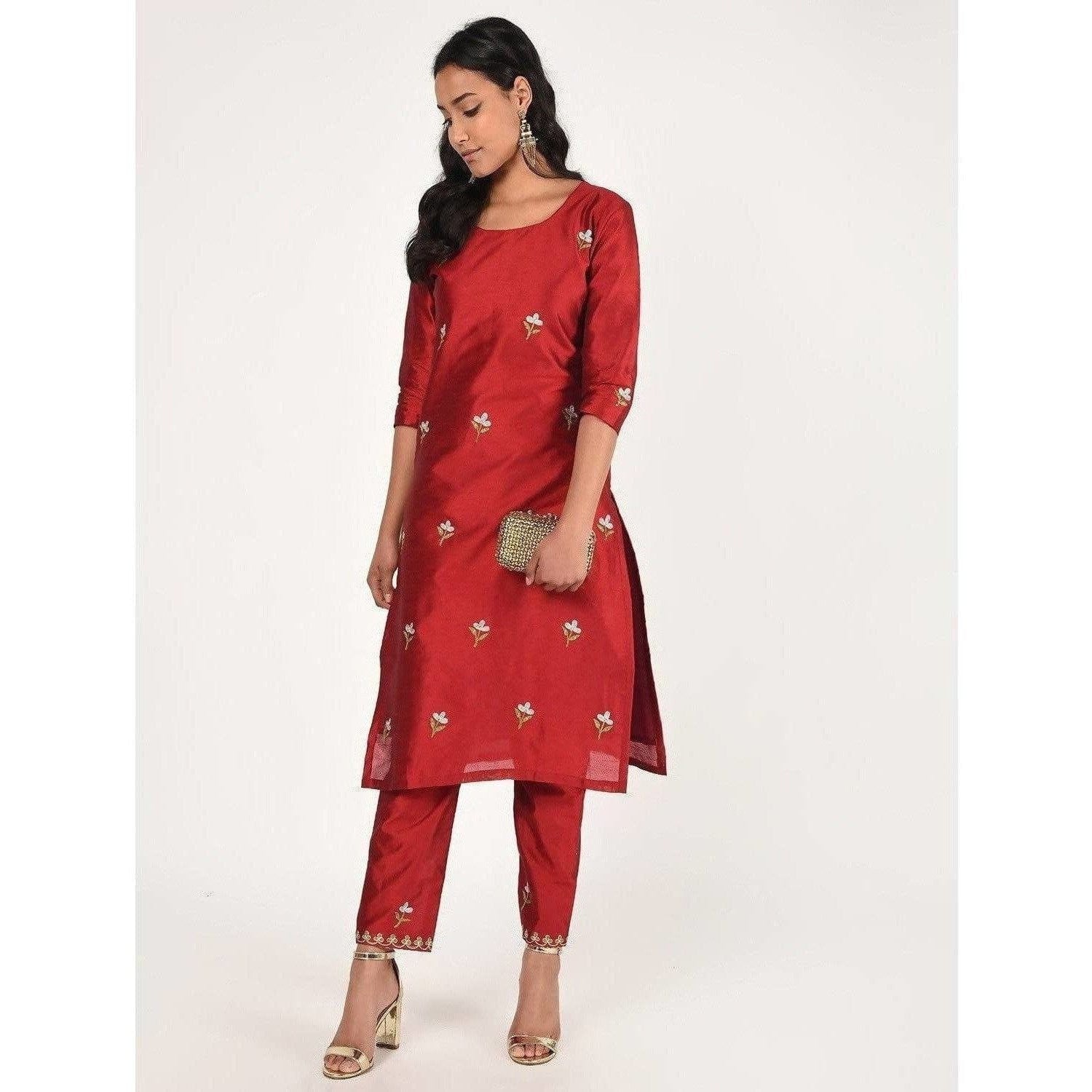 Cheera Women's Beautiful Hand Embroidered Motif All-Over Straight Silk Kurta (CH070K) | Grab2Buy