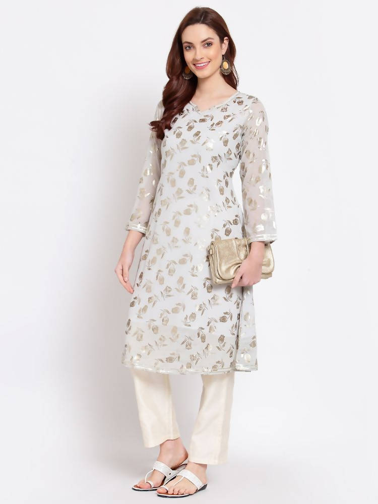 Myshka Women's Grey Printed Georgette 3/4 Sleeve Round Neck Casual Kurta | Grab2Buy