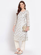Myshka Women's Grey Printed Georgette 3/4 Sleeve Round Neck Casual Kurta | Grab2Buy